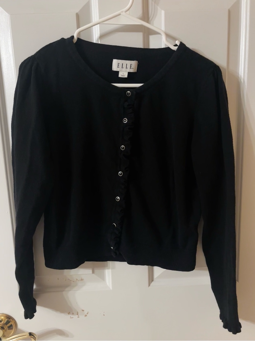 ELLE Black Button-Front Women's Cardigan with Ruffle Trim
